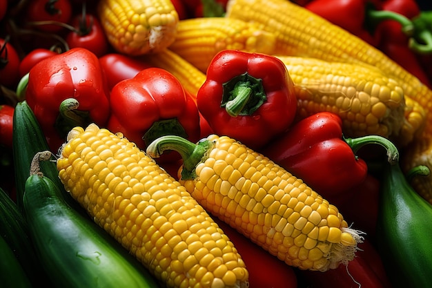 Organic farm fresh produce sweet corn peppers zucchini closeup on bright illustration