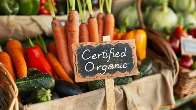 Photo organic farm market stall display with carrots peppers and cucumbers for healthy eating promotion