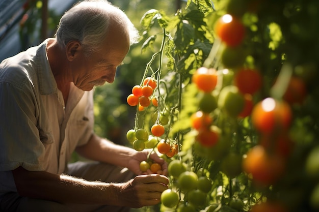 An organic farmer tenderly inspects ripening tomatoes in a sun dappled greenhouse Generative AI