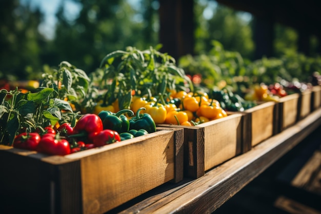 Organic farmers market fresh vegetables in wooden boxes vegetarian and vegan food concept