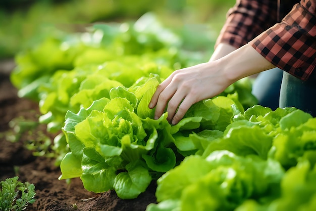 Organic farming cutting with pruner and putting vegetable crop in basket Organic vegetables harvest