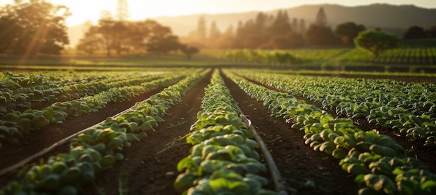 Organic Farming at Sunrise Rows of Vegetables Bathed in Morning Light