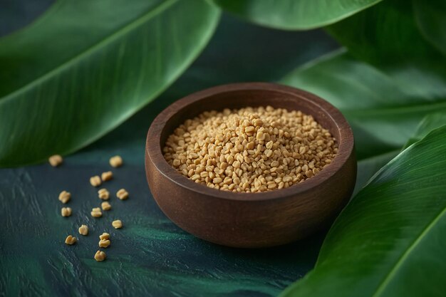 Organic Fenugreek Seeds in Wooden Bowl on Green Leafy Background A Natural and Herbal Culinary