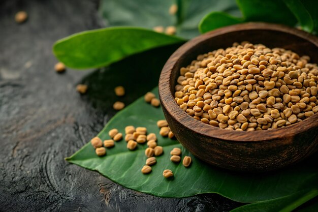 Organic Fenugreek Seeds in Wooden Bowl on Green Leafy Background A Natural and Herbal Culinary