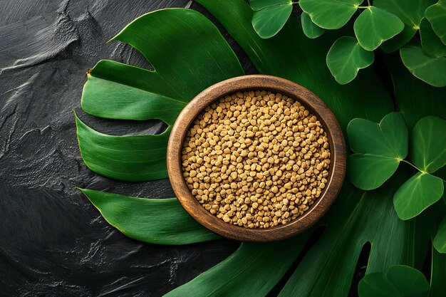 Organic Fenugreek Seeds in Wooden Bowl on Green Leafy Background A Natural and Herbal Culinary