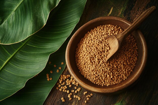 Organic Fenugreek Seeds in Wooden Bowl on Green Leafy Background A Natural and Herbal Culinary