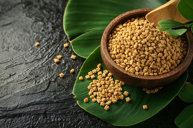 Organic Fenugreek Seeds in Wooden Bowl on Green Leafy Background A Natural and Herbal Culinary