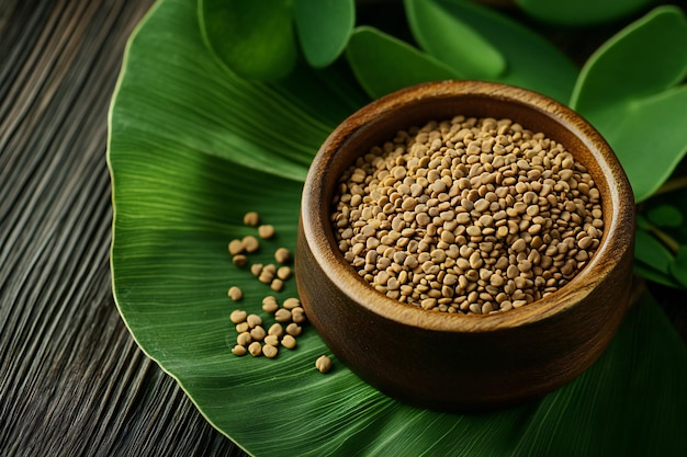 Organic Fenugreek Seeds in Wooden Bowl on Green Leafy Background A Natural and Herbal Culinary