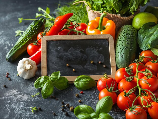 Organic food Fresh vegetables and fruits with the black chalkboard