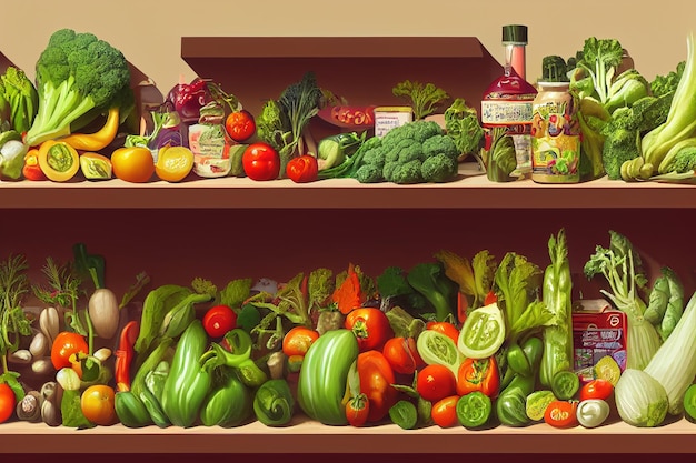 Organic food products market vegetables shelves digital illustration