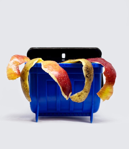 Organic food waste, potato and apple peel at plastic trash garbage container