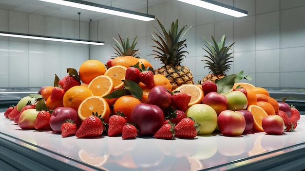 Organic fresh fruits on table for sale at supermarket