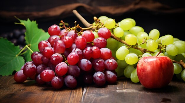 Organic fresh juicy grape and apple on a table