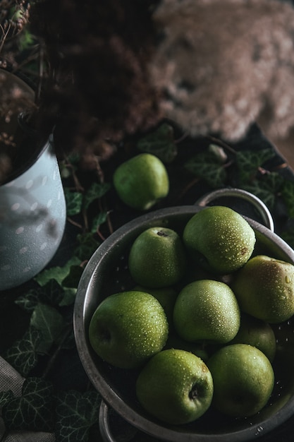 Organic fresh only gathered in the garden of juicy green apples.