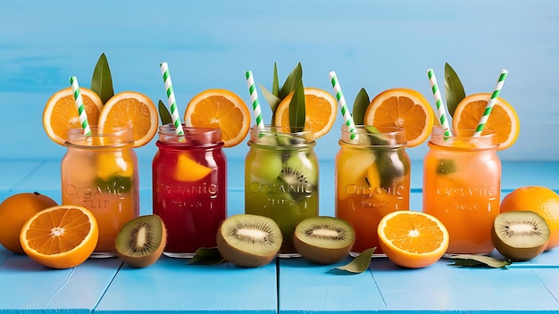 Photo organic fruit detox drinks in jars near oranges and kiwi isolated on blue