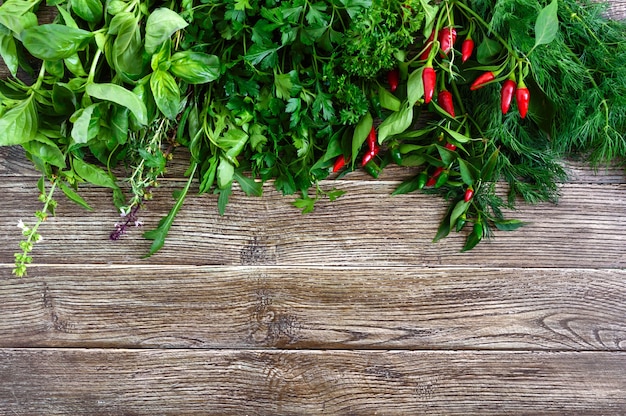 Organic green fresh herbs top view