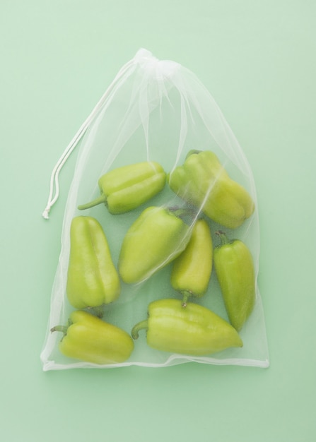 Organic Green Pepper in Shopping Net Bag Top View