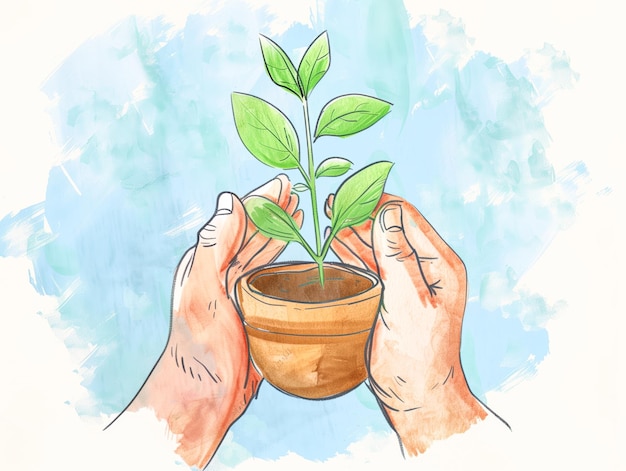 Organic hand drawn cartoon pair of hands holding houseplant in a pot