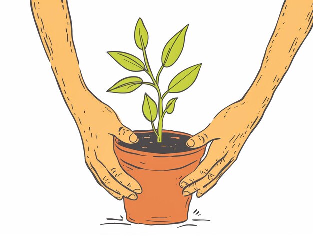 Photo organic hand drawn cartoon pair of hands holding houseplant in a pot