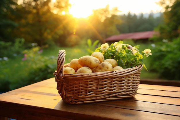 Organic harvested potatoes in wicker basket on nature background fresh natural and beautiful