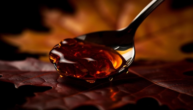 Organic honey drips from autumn fruit bowl generated by AI