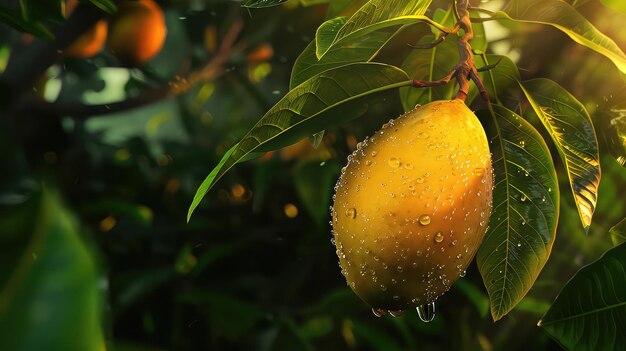 Organic mango tree bearing a bunch of ripe delicious fruits in the lush green backdrop of nature