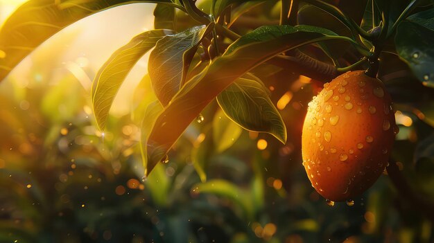 Organic mango tree bearing a bunch of ripe delicious fruits in the lush green backdrop of nature