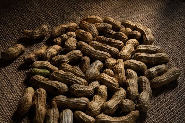 Organic peanuts in shell isolated on sack background Heap of peanut closeup