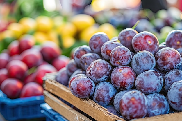 Organic plums fruit in local farmers market