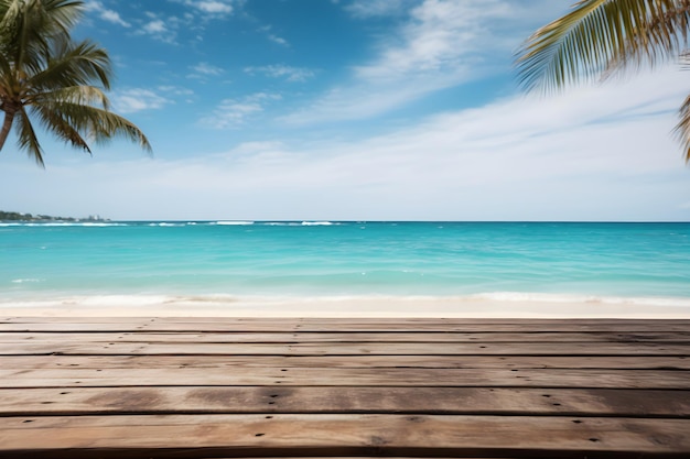 Organic Product Wooden Table and Coconut Tree against Beach Backdrop