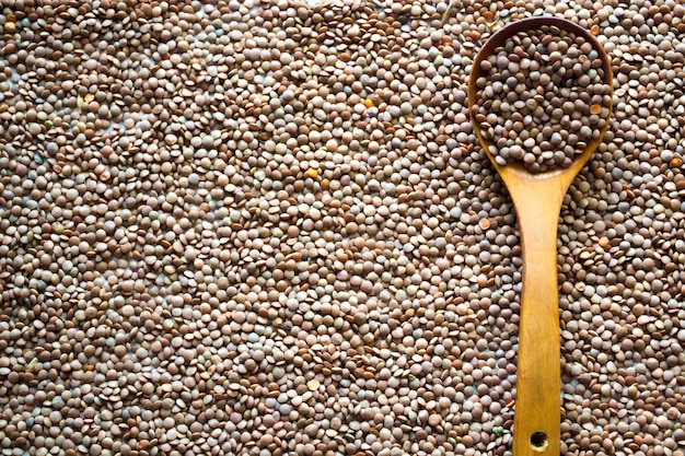 Organic raw green lentil over wooden tray and sackcloth studio image