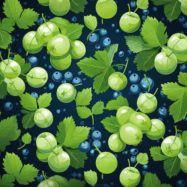 Photo organic seamless pattern featuring gooseberries and leaves in simple forms