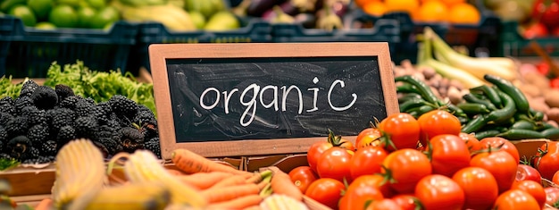 Photo organic sign at the vegetable market selective focus