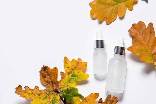 Organic skin care serums and bright autumn leaves on white background