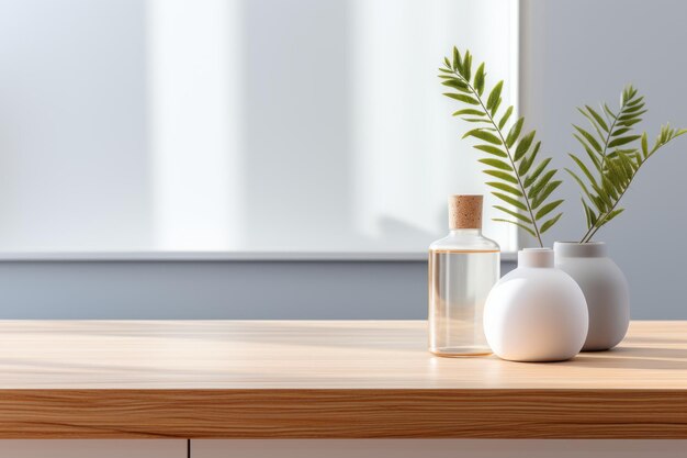 Organic skincare display on wooden counter table with sunlight and leaf shadow on wallpaper wall