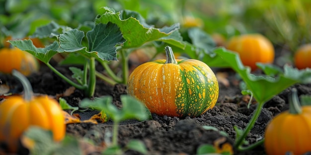 Photo an organic squash vine crawling along the ground with fruits ready to harvest