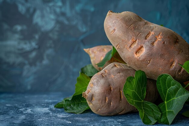 Organic sweet potatoes with leaves on a dark background