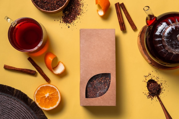 Organic tea branding and packaging mockup Blank tea packaging mockup with tea Kraft paper pack with window and empty space to display your branding design