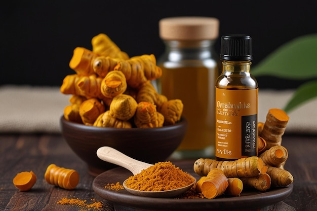 Photo organic turmeric extract oil water natural ingredient healthy body and skin treatment