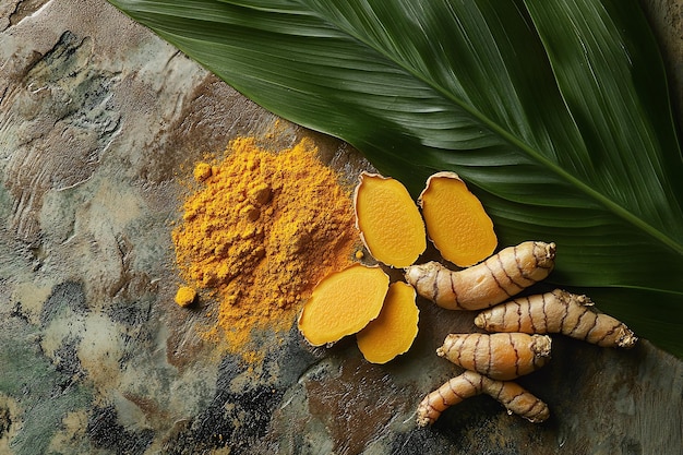 Photo organic turmeric root and powder on wooden spoon natural and vibrant culinary spice for healthy