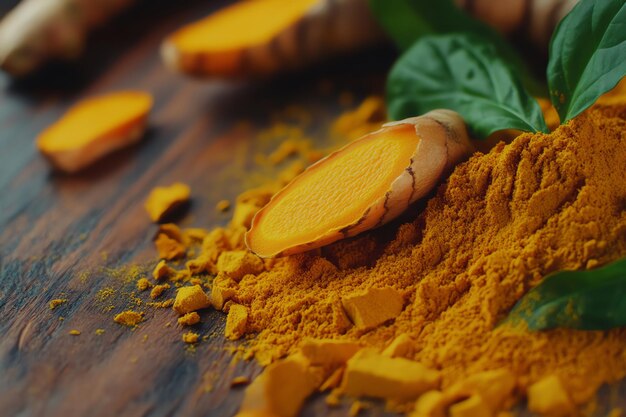 Photo organic turmeric root and powder on wooden spoon natural and vibrant culinary spice