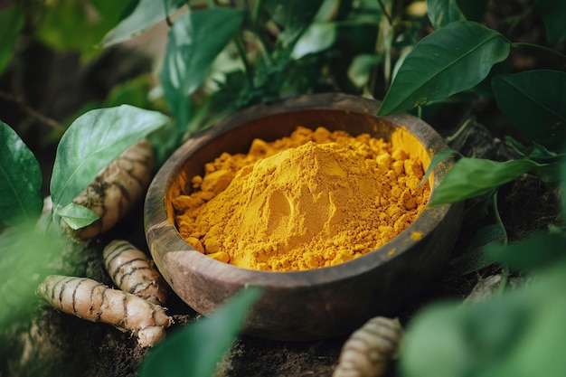 Photo organic turmeric root and powder on wooden spoon natural and vibrant culinary spice