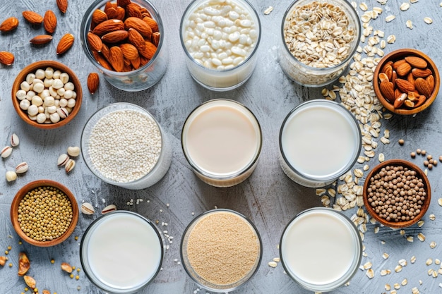 Organic vegan non dairy milk assortment on kitchen table