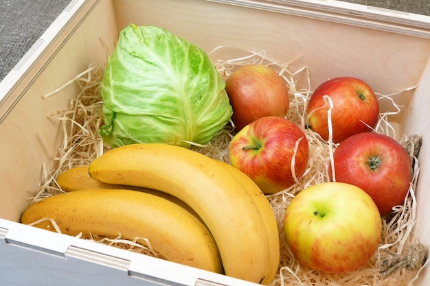 Organic Vegetables and fruits in wooden box