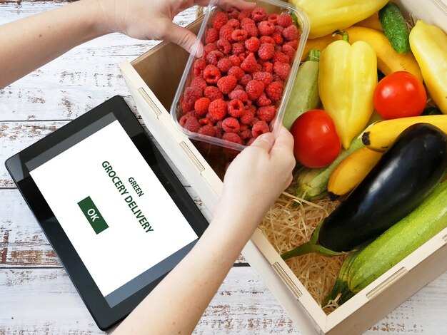 Organic Vegetables and fruits in wooden box