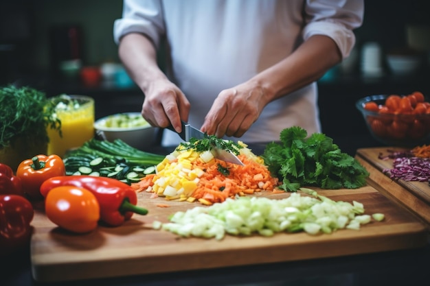 Organic vegetables and knife for healthy lunch or salad preparation nutrition recipe and vegan diet