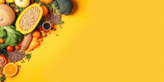 Organic vegetables lentils beans raw ingredients for cooking on trendy yellow background Healthy clean eating concept Vegan or gluten free diet Copy space Top view Food frame