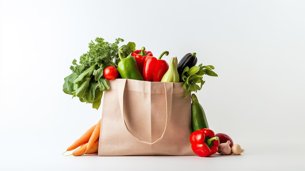 Organic vegetables in shopping bags on white background Generative AI