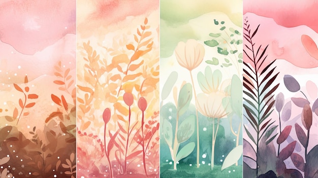 Organic watercolor art with nature motifs on a captivating backdrop