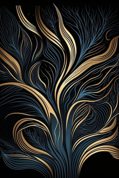 an organic wave pattern on a black background in the style of dark gold and blue